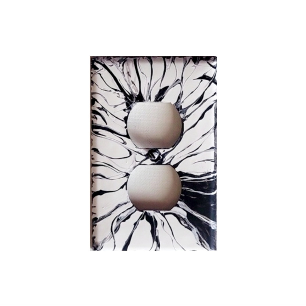 Hand Crafted White and Black Abstract Design Duplex Outlet Wall Plate